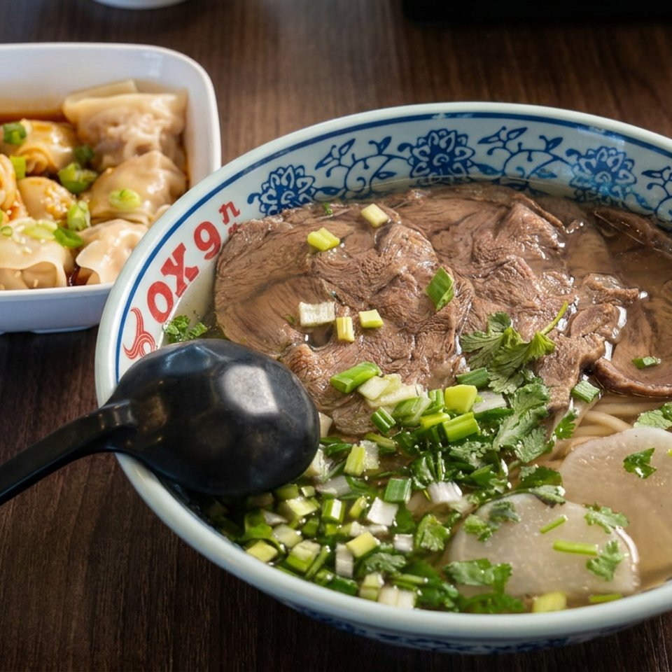 Beef noodle soup garnished with scallions and cilantro, served with a bowl of dumplings on a wooden table.