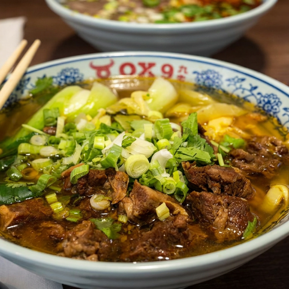 Bowl of beef noodle soup garnished with cilantro and scallions, with chopsticks, dumplings, and side dishes on a restaurant table.