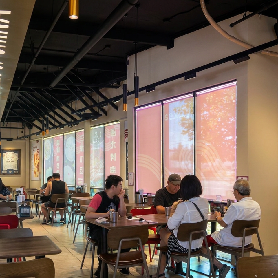 Bright modern noodle restaurant dining room with families and groups seated at tables, Chinese-inspired decor, and hand-pulled noodle signage.