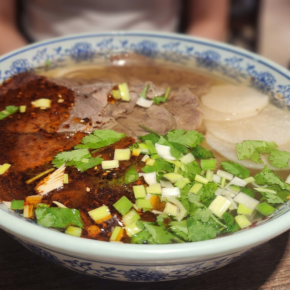 Bowl of spicy noodle soup topped with sliced meat, cilantro, scallions, and dumplings on a wooden table.