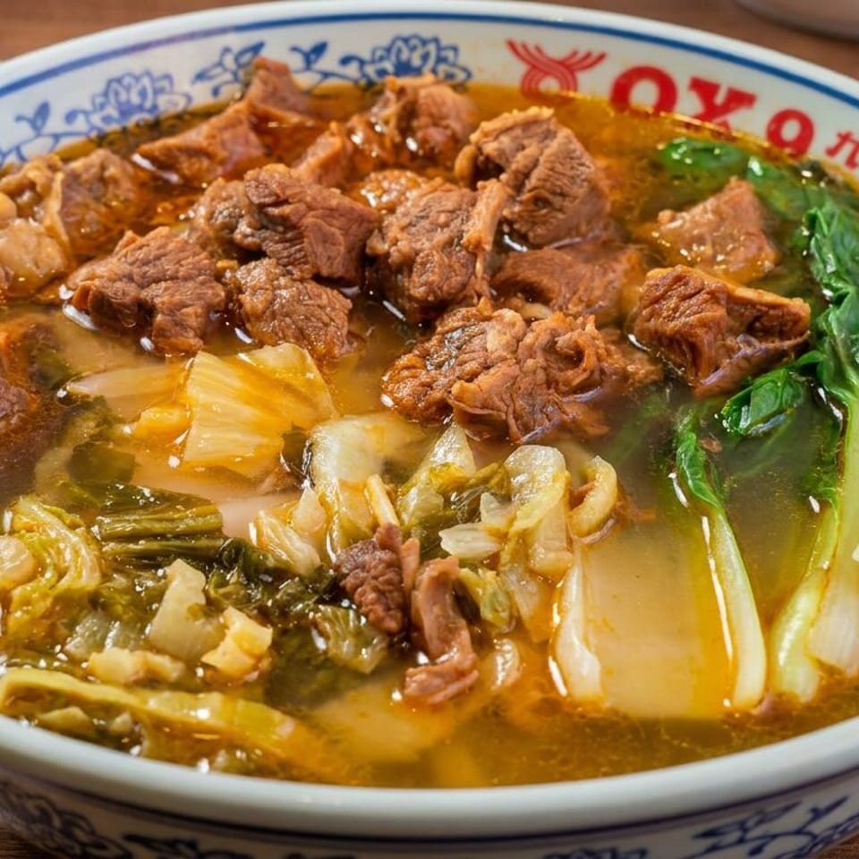 Bowl of rich broth topped with tender beef, napa cabbage, leafy greens, and assorted vegetables on a wooden table.