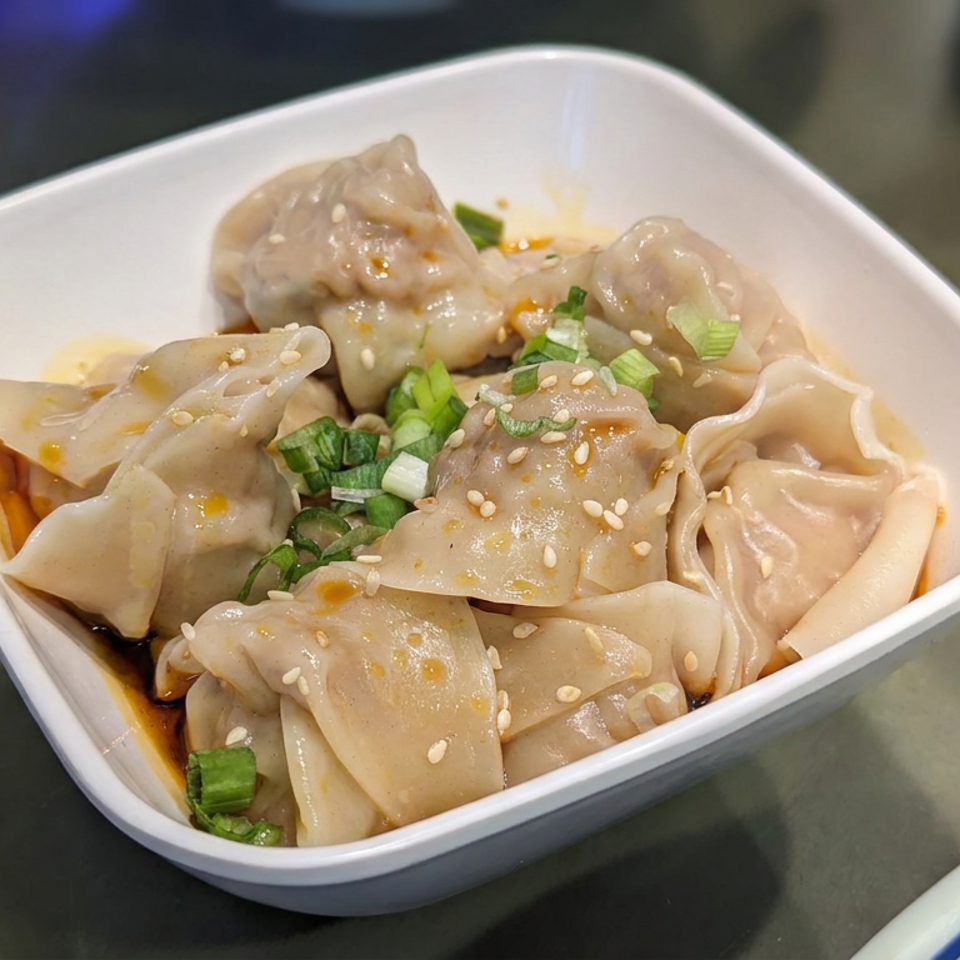 Steamed dumplings topped with sesame seeds and scallions in a white bowl with savory sauce.