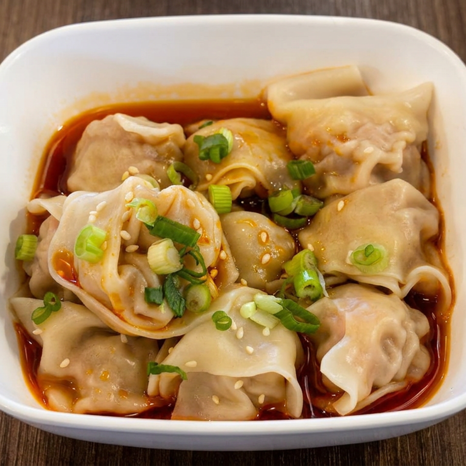 Steamed dumplings coated in chili oil, garnished with scallions and sesame seeds in a white bowl.