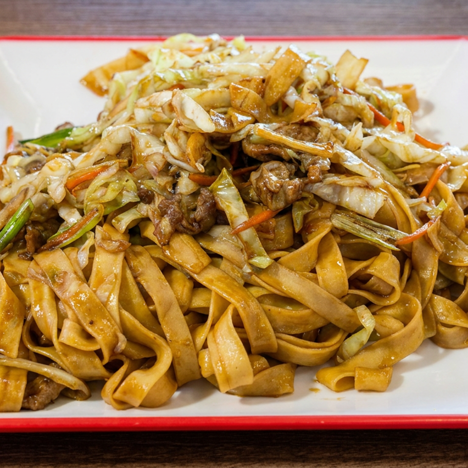 Stir-fried wide noodles with beef, cabbage, carrots, and mushrooms on a white plate with a red rim.