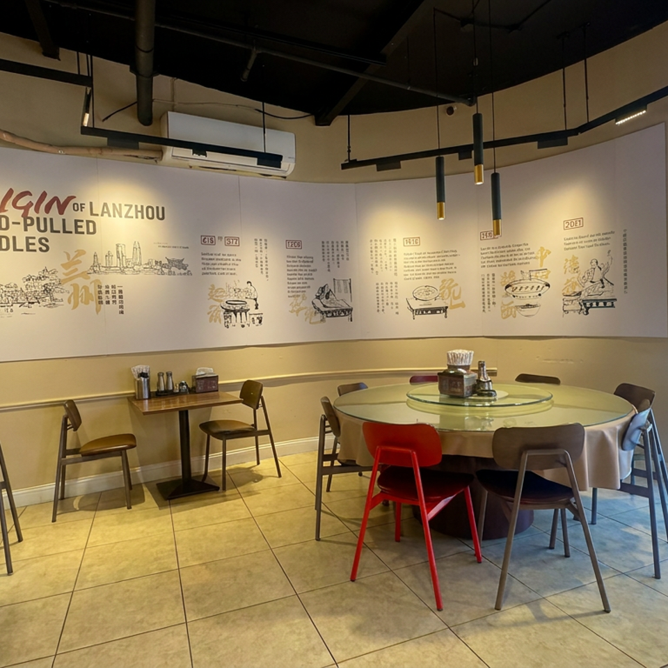 Bright restaurant dining room with round tables, mixed-color chairs, condiment settings, and wall mural celebrating Lanzhou hand-pulled noodles.