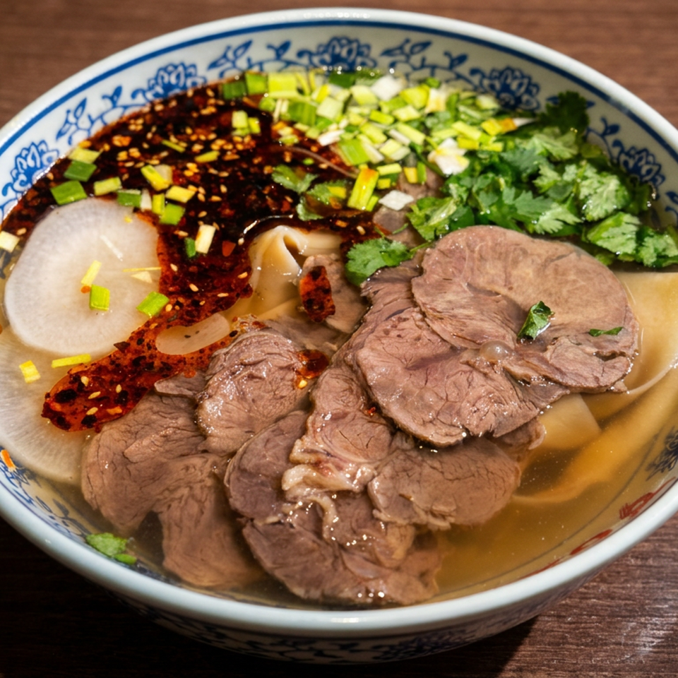 Bowl of beef noodle soup topped with sliced beef, chili oil, cilantro, scallions, and radish on a wooden table.