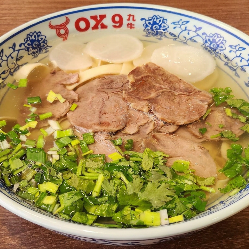 Bowl of Vietnamese beef noodle soup with sliced beef, rice noodles, herbs, scallions, and fish cake on a wooden table.