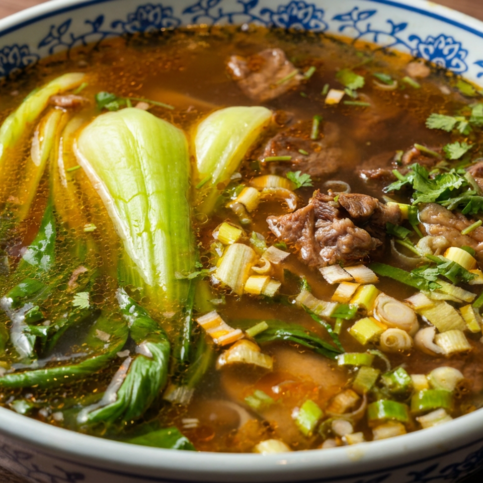 Bowl of savory beef soup with leafy greens, scallions, cilantro, and vegetables in a blue-and-white patterned bowl.