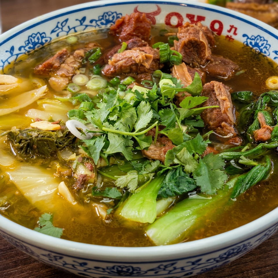 A bowl of savory beef soup garnished with cilantro, scallions, leafy greens, and vegetables on a wooden restaurant table.