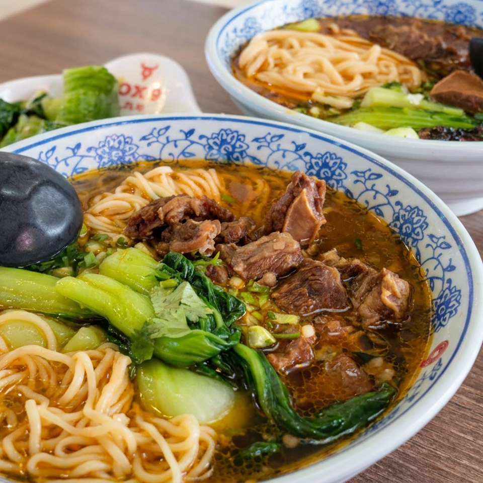 Two bowls of beef noodle soup with leafy greens, noodles, and black spoons on a wooden table.