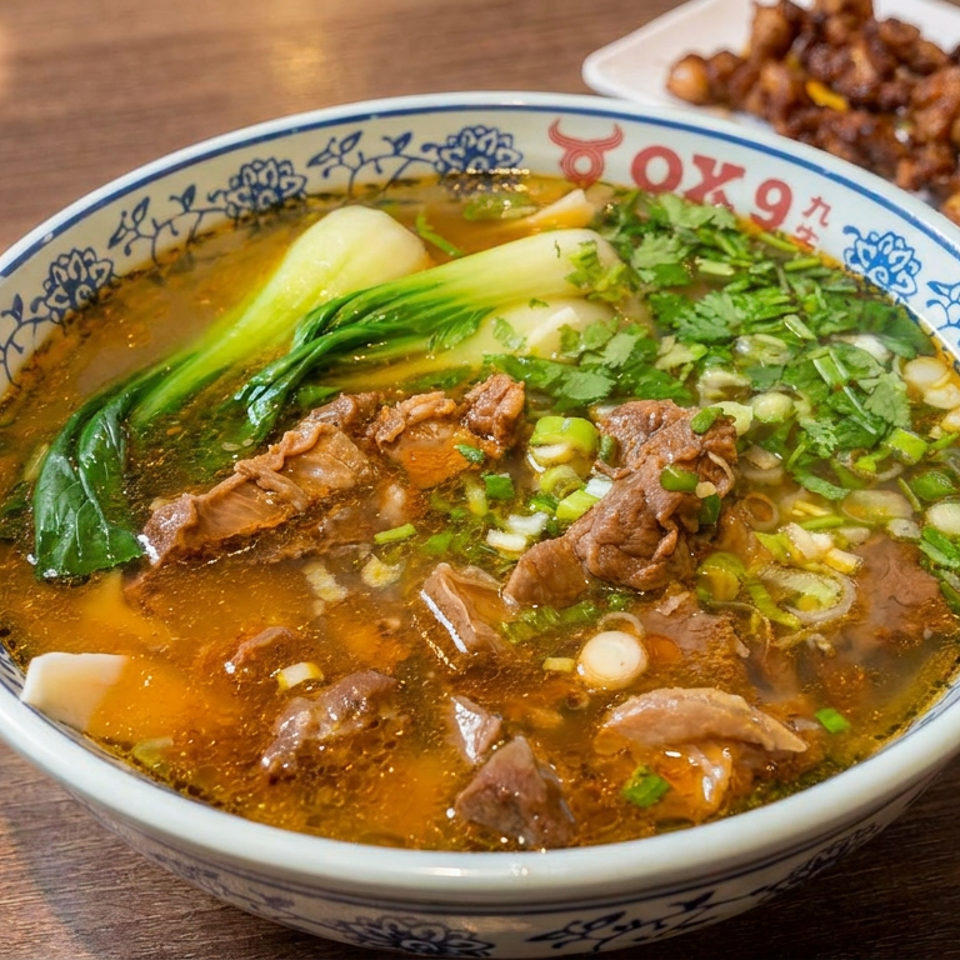 Bowl of spicy beef soup topped with bok choy, cilantro, and scallions, accompanied by grilled meat skewers on a wooden table.