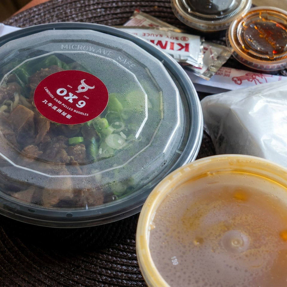 Takeaway bowl of noodles with beef and greens, accompanied by soup, sauces, chopsticks, and a wrapped utensil.