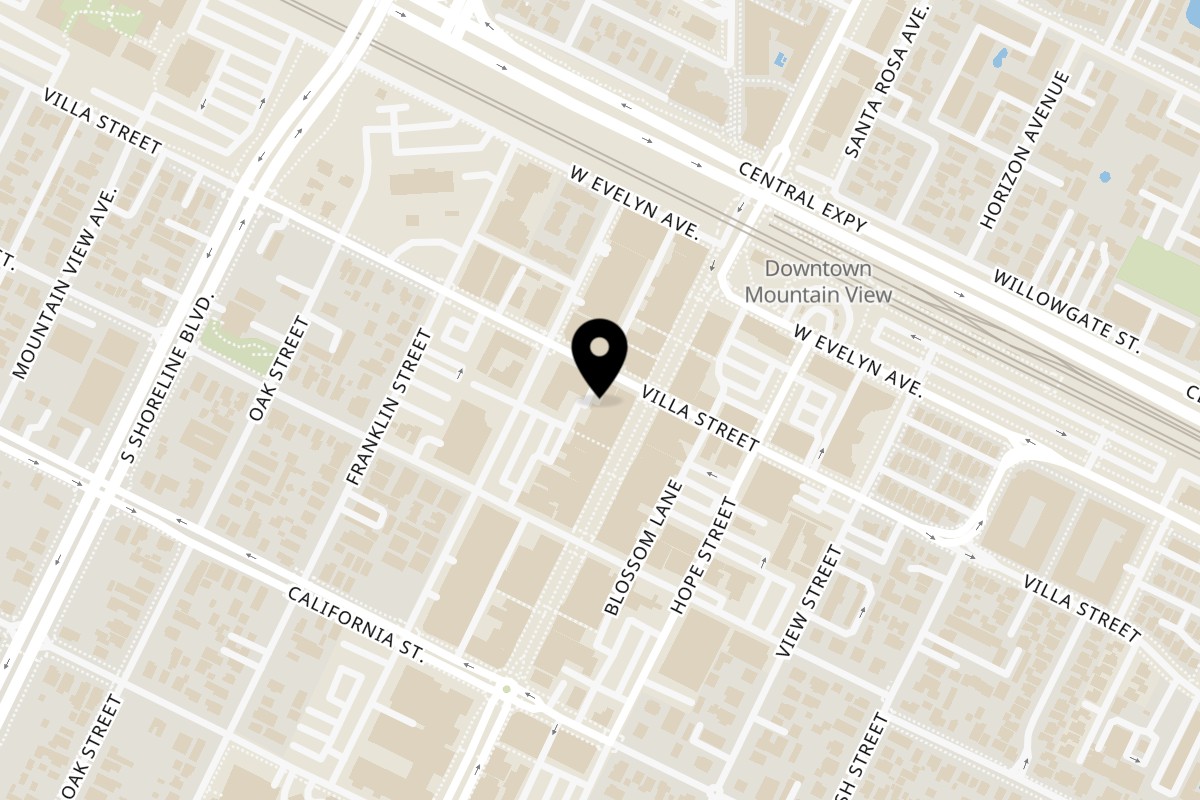 Map showing the location of Ox 9 Lanzhou Handpulled Noodles Mountain View on 216 Castro St in Mountain View